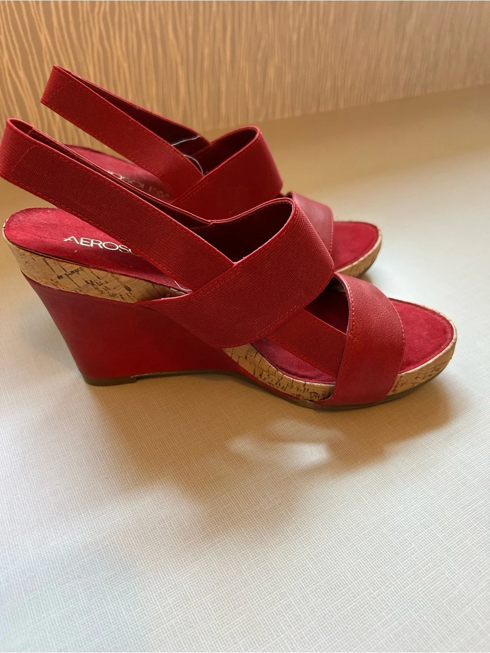 AEROSOLES Red Elastic Slingback Cork Wedge Sandals size 7.5